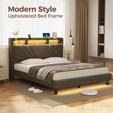 Rolanstar Full Size Bed Frame, Storage Headboard with Charging Station and LED Lights, Upholstered Bed with Heavy Duty Wood Slats, No Box Spring Needed, Noise Free, Easy Assembly, Dark Grey - Image 7