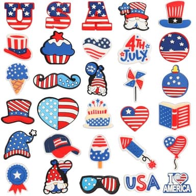 mortd 30 Pack 4th of July Shoe Charms Decoration, Patriotic Red White Blue Celebration Charms for Shoes Bracelets, PVC Shoe Decoration Accessories for Independence Day 4th of July Party Supplies - Image 1