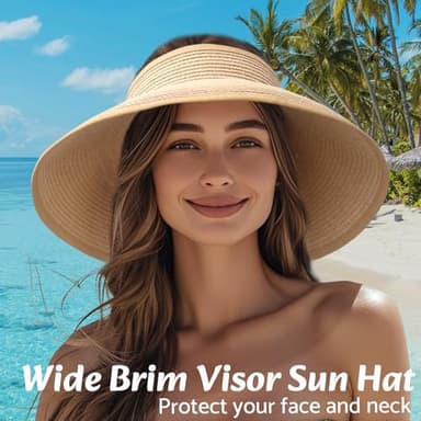NPQQUAN Sun Visor Hats for Women Wide Brim Ponytail Straw Beach Hat Packable Foldable UPF 50+ Floppy Travel Hats Khaki - Image 4