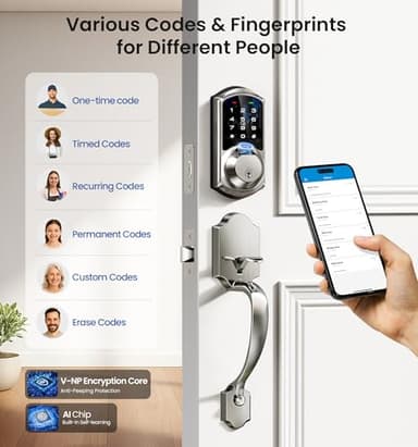 Veise VE07-H Fingerprint Smart Locks for Front Door with Handle Set, App Control, Keyless Entry Keypad Deadbolt, Digital Electronic Touchscreen, Easy Install, Auto Lock, Satin Nickel - Image 3