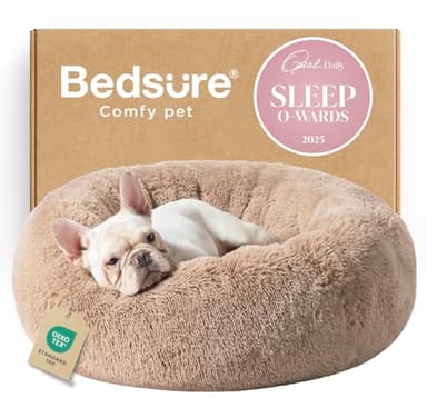 Bedsure Calming Dog Bed Medium Size Dog - Donut Washable Medium Pet Bed, 30 inches Anti-Slip Round Fluffy Plush Faux Fur Cat Bed, Fits up to 45 lbs Pets, Camel - Image 1