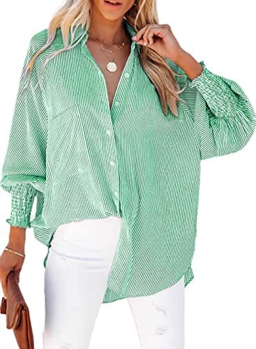 Womens Smocked Cuffed Striped Boyfriend Shirt Casual Collar Long Sleeve Oversized Button Down Blouse Tops with Pocket Shirred Green - Image 1