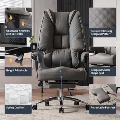 EXCEBET Big and Tall Office Chair 400lbs Wide Seat, Leather High Back Executive Office Chair with Foot Rest, Ergonomic Chairs Lumbar Support for Lower Back Pain Relief (Grey) - Image 3