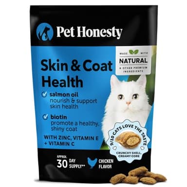 Cat Skin & Coat Health Crunchy & Creamy Chews - Omegas, Vitamin C + E, Biotin Supplement, Soothes Skin and Promotes Shiny Coat, Cat Supplements & Vitamins - Chicken (30-Day Supply) - Image 1