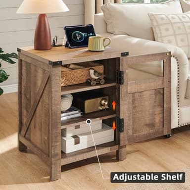JXQTLINGMU Farmhouse End Table with Charging Station, 18'' Rustic Nightstand with Barn Door & Adjustable Shelf, Wooden Sofa Side Table with 3-Tier Storage for Living Room, Bedroom, Warm Brown - Image 4