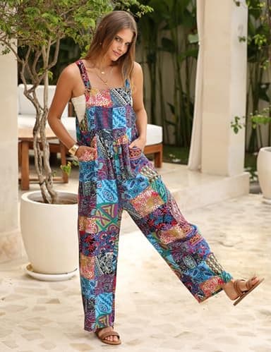 Himosyber Women's Patchwork Dual Pocket Jumpsuit Loose Floral Print Bohemian Wide Leg Bib Overall (#1Blue, M) - Image 4
