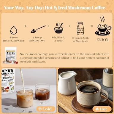 SUNDAFONE Mushroom Coffee with L-Theanine, Ashwagandha,Lion's Mane, Reishi and 10 Adaptogenic Mushrooms; Super Instant Cold Brew Protein Iced Coffee Blend; 0g of Sugar, Low Caffeine, 30 Servings - Image 5