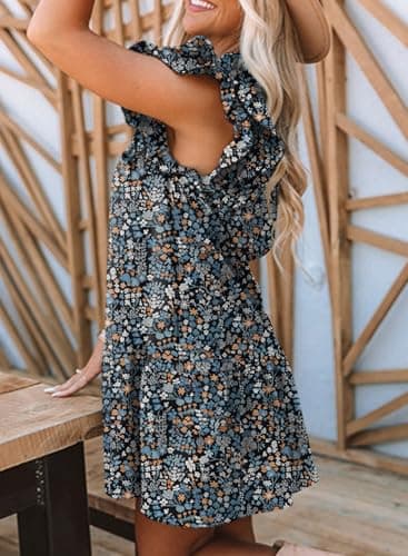 Dokotoo Summer Dresses for Women 2025 Boho Floral Drawstring V Neck Ruffle Short Sleeve A Line Bohemian Spring Fashion Short Flowy Hawaiian Mini Babydoll Dress Vacation Sundresses Multicolor XX-Large - Image 3