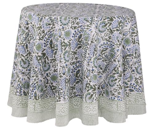 ATOSII Clover Blue 100% Cotton Round Boho Fall Tablecloth, Handblock Floral Table Cloth Linen for Kitchen Dining I Parties Wedding Outdoors Christmas Thanksgiving I 90" Inches Round I 6 Seater - Image 1