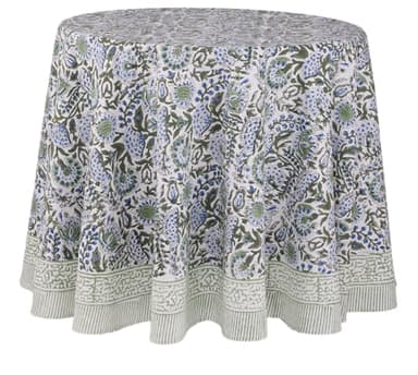 ATOSII Clover Blue 100% Cotton Round Boho Fall Tablecloth, Handblock Floral Table Cloth Linen for Kitchen Dining I Parties Wedding Outdoors Christmas Thanksgiving I 90" Inches Round I 6 Seater - Image 1