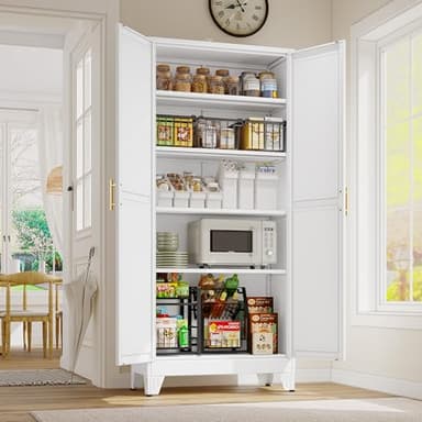 GAIOUS 71" Tall Metal Storage Cabinet with 2 Doors and 4 Adjustable Shelves, Kitchen Pantry Cabinet White Freestanding Cupboard, 5 Tier Multifunctional Steel Storage for Office, Kitchen, Dining Room - Image 1