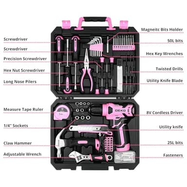 DEKOPRO Drill Set, Home Tool Set with 8V Pink Cordless Drill, Hand Tool Kit for Women, 126 pcs - Image 2