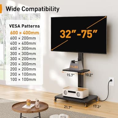 Perlegear Mobile TV Stand with Power Outlet, Tilt & Swivel Rolling TV Cart for 32 to 65 70 75 inch TVs up to 110 lbs, Height Adjustable Rolling TV Stand with Wheels, Max VESA 600x400mm, PGTVMC17 - Image 3