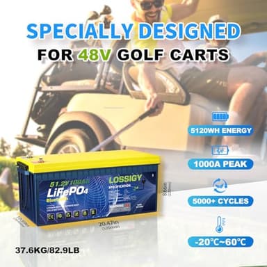 LOSSIGY 48V Lithium Golf Cart Battery with 18A Lithium Charger, 48 Volt 100Ah LiFePO4 Battery, Built in 200A Bluetooth BMS & LCD 10.24kW Output, Peak Current 1000A(3-5s), Prefect for RV Solar System - Image 4