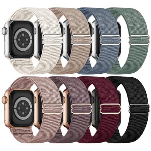 8 Pack Stretchy Solo Loop Band Compatible with Apple Watch Bands for Women Men 40mm 38mm 41mm 42mm 44mm 45mm 46mm 49mm, Nylon Braided Strap for iWatch Series 11 10 9 8 7 6 SE 5 4 3 Ultra 3 Ultra 2 - Image 1