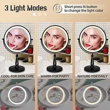 WIZCHARK 9 "Large Light Makeup Mirror, 1x / 10x True HD Magnifying Mirror, 3-Color LED Light dimmable, 2 Rechargeable Makeup Mirrors 360° Rotation, Standing Desk Makeup Mirror, Black - Image 4