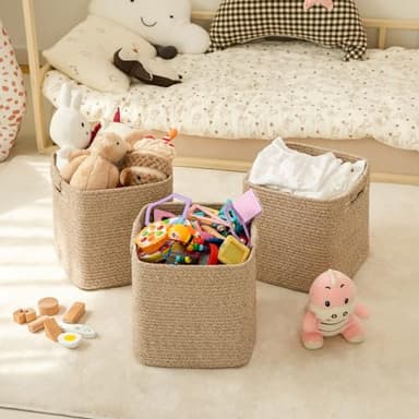 OIAHOMY Storage Cubes 11 Inch Storage Bins-3-Pack, Cotton Rope Woven Baskets for Organizing, Square Storage Baskets for Shelves Organizer, Classroom, Kids Toy Bins, Closet, Baby Nursery-Brown - Image 2