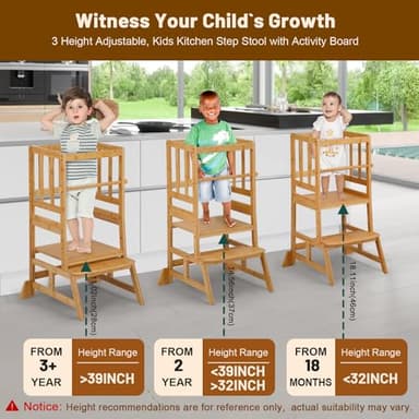 COSYLAND Toddler Standing Tower - Adjustable Height Toddler Kitchen Stool Helper - Kids Kitchen Step Stool for Learning with Removable Safety Railing Natural - Image 2