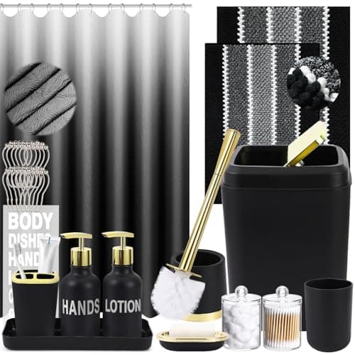 XLHOMO 25PCS Black Bathroom Accessories Sets Complete, with Shower Curtain, Rugs, Trash Can and Toilet Brush, Soap Dispenser, Toothbrush Holder and Cup, Soap Dish, Qtip Holder, Bathroom Decor Sets - Image 1