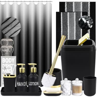 XLHOMO 25PCS Black Bathroom Accessories Sets Complete, with Shower Curtain, Rugs, Trash Can and Toilet Brush, Soap Dispenser, Toothbrush Holder and Cup, Soap Dish, Qtip Holder, Bathroom Decor Sets - Image 1