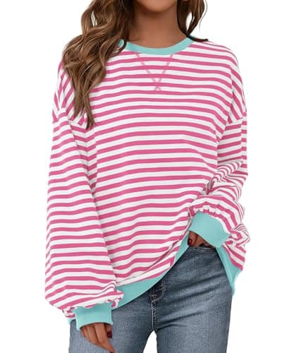 BTFBM Womens Oversized Striped Sweatshirt Crewneck Long Sleeve Pullover Top Casual Y2K Fall Clothes 2025 Workout Shirt(Pink White, X-Large) - Image 1
