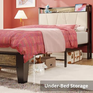 LIKIMIO Twin XL Bed Frames, Storage Headboard with Charging Station, Solid and Stable, Noise Free, No Box Spring Needed, Easy Assembly (Walnut and Beige) - Image 7