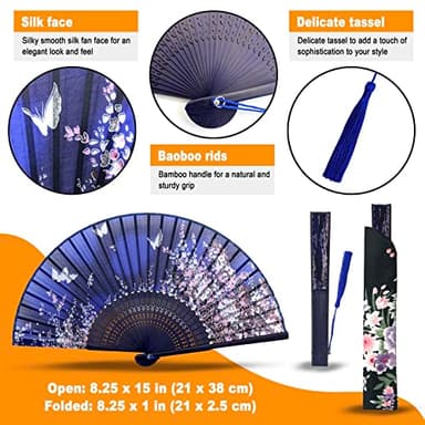 OMyFans Hand Fan for Women Foldable - Folding Chinese Japanese Vintage Bamboo Silk Fan - Ideal for Hot Flashes, Church, EDM, Festivals, Dancing and Gifts (Sakura-Blue) - Image 2