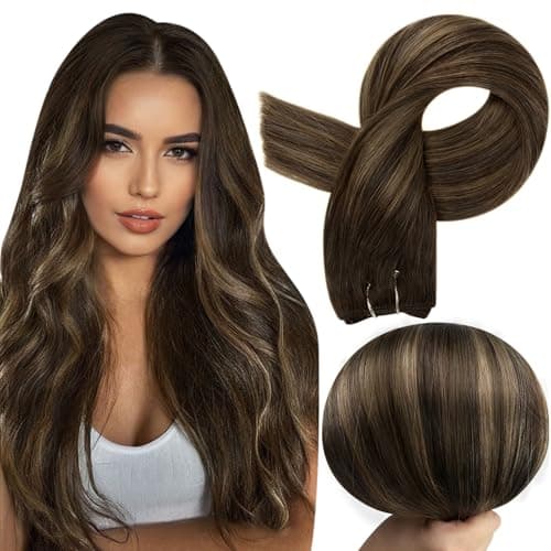 Full Shine Sew in Hair Extensions Real Human Hair Weft Hair Extensions Brown Highlighted Human Hair Weft Extensions 24Inch Sew in Hair #2/8/2 Balayage Dark Brown to Light Brown 105g - Image 1