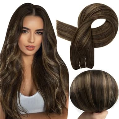 Full Shine Sew in Hair Extensions Real Human Hair Weft Hair Extensions Brown Highlighted Human Hair Weft Extensions 24Inch Sew in Hair #2/8/2 Balayage Dark Brown to Light Brown 105g - Image 1