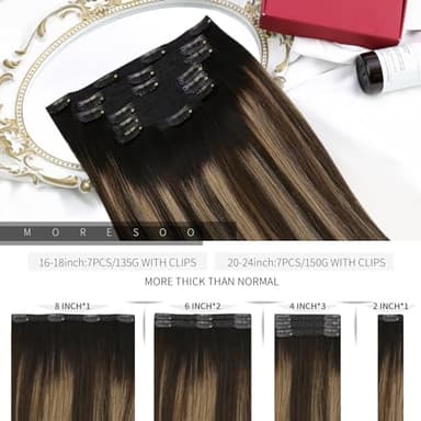 Moresoo Clip in Hair Extensions Remy Double Weft Human Hair Clip in Extensions Straight Balayage Hair Extensions for Women Ombre Black Mixed with Silver Grey 7pcs 150g 22inch - Image 3