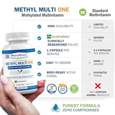 Power By Naturals Methyl Multi One - Iron-Free Methylated Multivitamin with Quatrefolic 5-MTHF, Active B12, P5P, CoQ10 & Zinc for MTHFR Support - Energy & Focus Formula - 60 Capsules (2-Month Supply) - Image 6