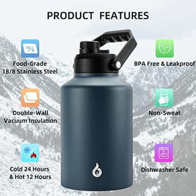 BJPKPK One Gallon(128 oz) Insulated Water Bottle, Dishwasher Safe Stainless Steel Thermo, BPA Free Jug with Ergonomic Handle & Anti-slip Bottom, Large Water Bottle, Navy Blue - Image 3
