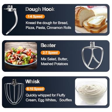 Honinst Stand Mixer, 6.5QT 10-Speed Tilt-Head Electric Stand Mixer, 3-In-1 Kitchen Mixer with Bowl, Dough Hook, Whisk and Beater, Food Mixer for Baking, Cake and Most Home Cooks, Black - Image 3