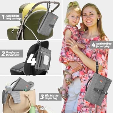 PZU Portable Diaper Changing Pad - Changing Pad Portable with Wipes Pocket, Waterproof Diaper Changing Mat, Portable Changing Pad for Baby, Newborn Gift（Grey） - Image 6