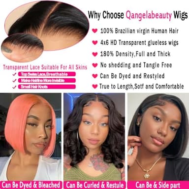 Qangelabeauty 4x6 Glueless Wigs - Human Hair 8 Inch Bob, Pre Plucked, Pre Cut, 180% Density, HD Transparent Frontal Lace Front Wigs for Women - Image 4