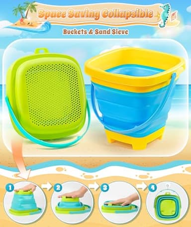 DUDUCOFU Collapsible Beach Sand Toys for Kids Toddlers, Collapsible Sand Bucket with Sifter Shovels Set with Mesh Bag and Sand Molds, Travel Beach Sandbox Toys for Boys Girls 3 4 5 6 7 8 9 10 - Image 4