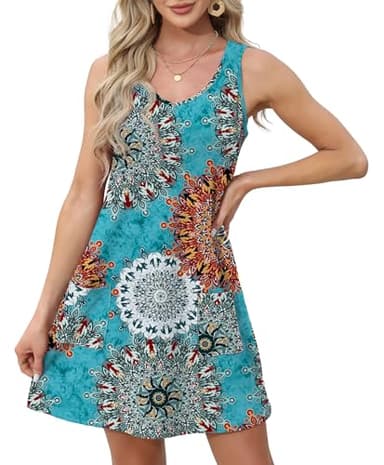 OFEEFAN Sundresses for Women 2025 Spring Summer Beach V Neck Tank Dress Vacation Fashion Floral 24 L - Image 3