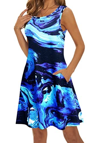 Summer Dresses for Women 2024 Casual Sundresses Beach Cover Ups Sleeveless Tshirt Swing Dress with Pockets X-Large Blue Galaxy - Image 4