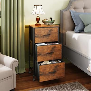 WLIVE Dresser with 3 Drawers, Fabric Nightstand, Cabinet with Wheels, Organizer Storage Dresser for Bedroom, Office, Closets, Sturdy Steel Frame, Easy Pull Handle, Rustic Brown Wood Grain Print - Image 2