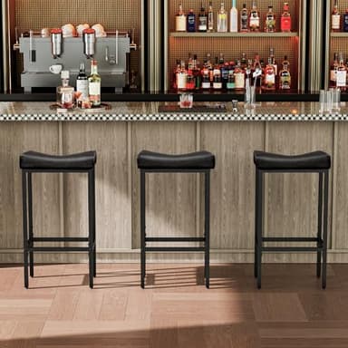 HOOBRO Bar Stools,Set of 3 Bar Chairs, Counter Height Bar Stools, Saddle Stools, Set of 3 Kitchen Stools, 24.8" Barstools, 2.4" Thick Upholstery, for Kitchen, Dining Room, Cafe, Black BB10BYP301 - Image 2