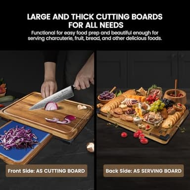 Cutting Boards Large Set of 7, Acacia Wood Charcuterie Chopping Board for Kitchen with Holder Non Slip Feet, Plastic Serving Board Mats, Juice Groove, Reversible Butcher Block for Meat Cheese Bread - Image 2