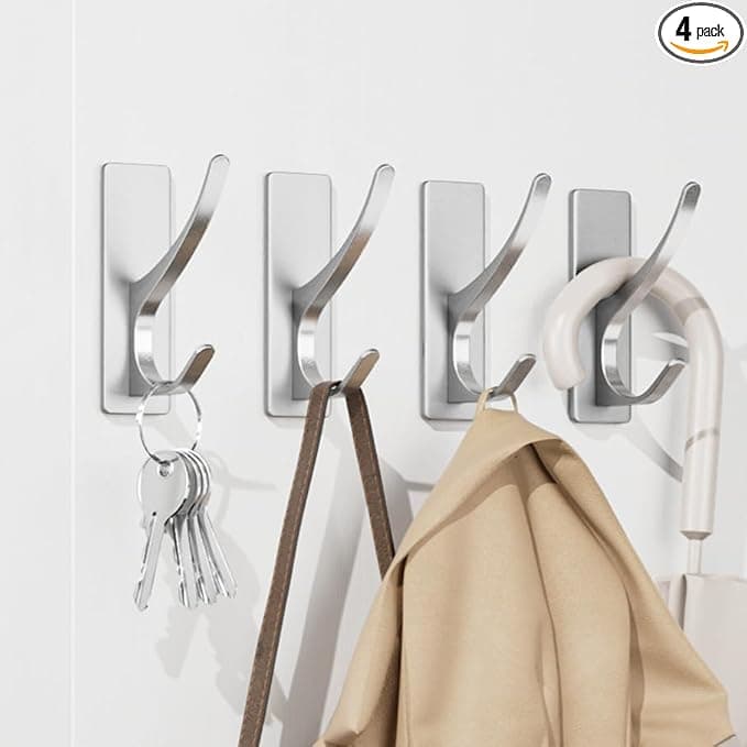 Self-Adhesive Coat Hooks for Hanging - Heavy Duty Stainless Double Wall Hook for Towel, Backpack, Hat, Sturdy Metal Hanger for Bathroom, Bedroom, Door, Wall Mounted, 4-Pack, Silver, New - Image 1