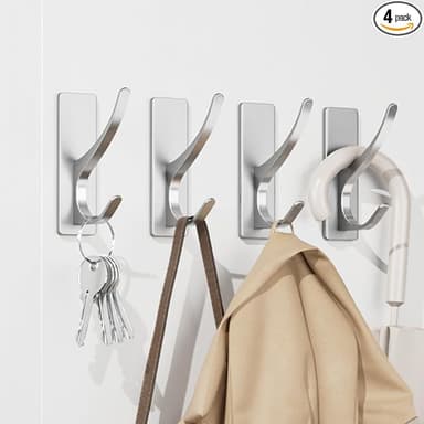 Self-Adhesive Coat Hooks for Hanging - Heavy Duty Stainless Double Wall Hook for Towel, Backpack, Hat, Sturdy Metal Hanger for Bathroom, Bedroom, Door, Wall Mounted, 4-Pack, Silver, New - Image 1