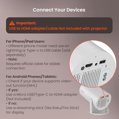 [Two-Way Bluetooth 5.2] Mini Portable Projector 1080P HD Multi-Angle Projection, Tecaki Smart Projector with 180°Rotatable Mount Auto Keystone Correction Long Lens Life (White2) - Image 5