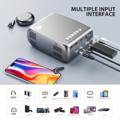 Mini Projector, iTJQ Portable Projector 1080P Supported for Indoor Outdoor Movies, Phone Projector Compatible with iOS/ Android, Laptop, TV Stick/ PS5, USB/HDMI/Type-C (Silver, VF370) - Image 2