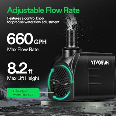 VIVOSUN 660GPH Submersible Water Pump, 2500L/H 35W aquarium pump, Ultra Quiet Fountain Pump with 8.2ft/2.5m High Lift for Fish Tank, Pond, Aquarium, Statuary, Hydroponics - Image 6