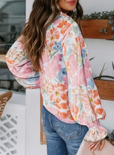 Biucly Womens Casual Floral Print Long Sleeve Boho Blouses Dressy Casual V Neck Button Down Shirt Flowy Cute Spring Tops for Women 2025 Trendy,US 12-14(L),Flower Pink and Blue - Image 3