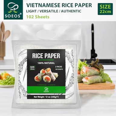 Soeos Rice Paper, White Rice Paper Wrappers, 3 Pack, 102 Sheets-Fresh Spring Roll Wrappers & Dumplings, Non-GMO, Gluten-Free, Low Carb, Vietnamese Rice Wraps (Square, 22cm) - Image 4