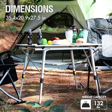PORTAL Outdoor Folding Portable Picnic Camping Table with Adjustable Height Aluminum Roll Up Table Top Mesh Layer, Silver - Image 5