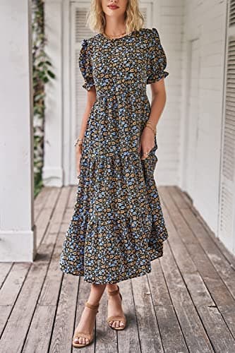 PRETTYGARDEN Summer Dresses for Women 2025 Casual Floral Boho Midi Sun Dress Puff Short Sleeve Flowy Beach Vacation Sundress (Navy Floral,X-Large) - Image 4